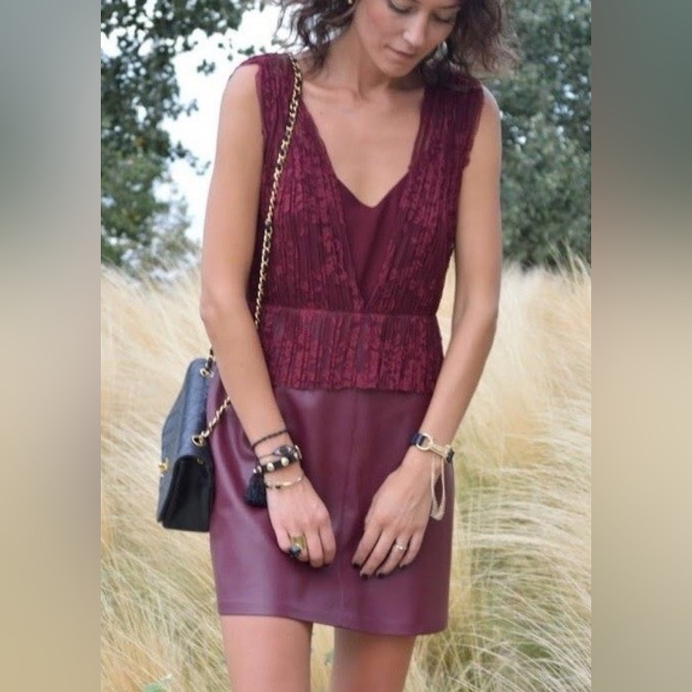 ZARA TRAFALUC BURGUNDY LACE FAUX LEATHER DRESS M REF 7288 260 NWT